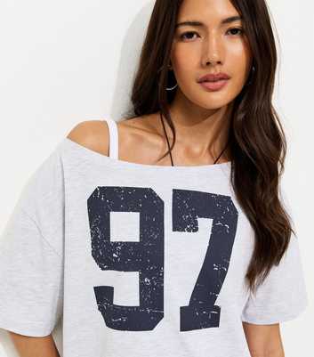 Grey Marl Distressed 97 Print Off The Shoulder T-Shirt