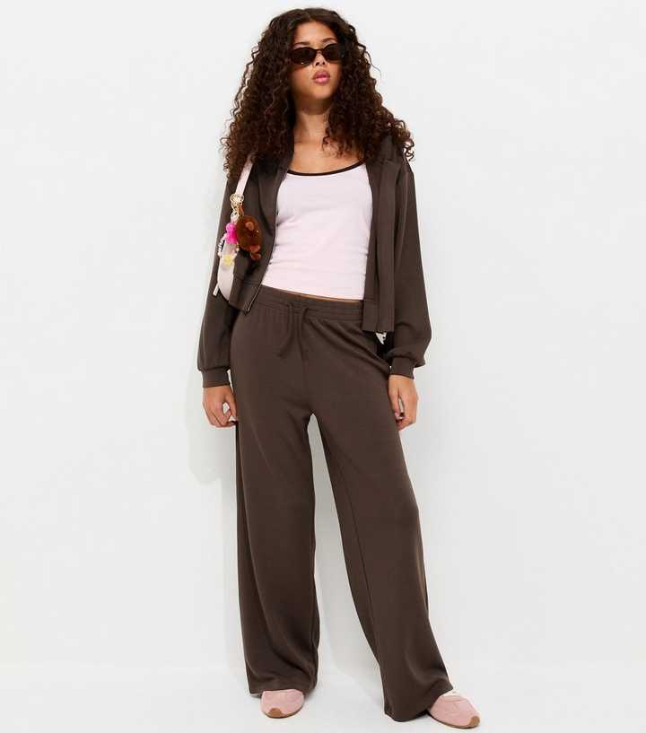 Girls Dark Brown Soft Touch Wide Leg Joggers