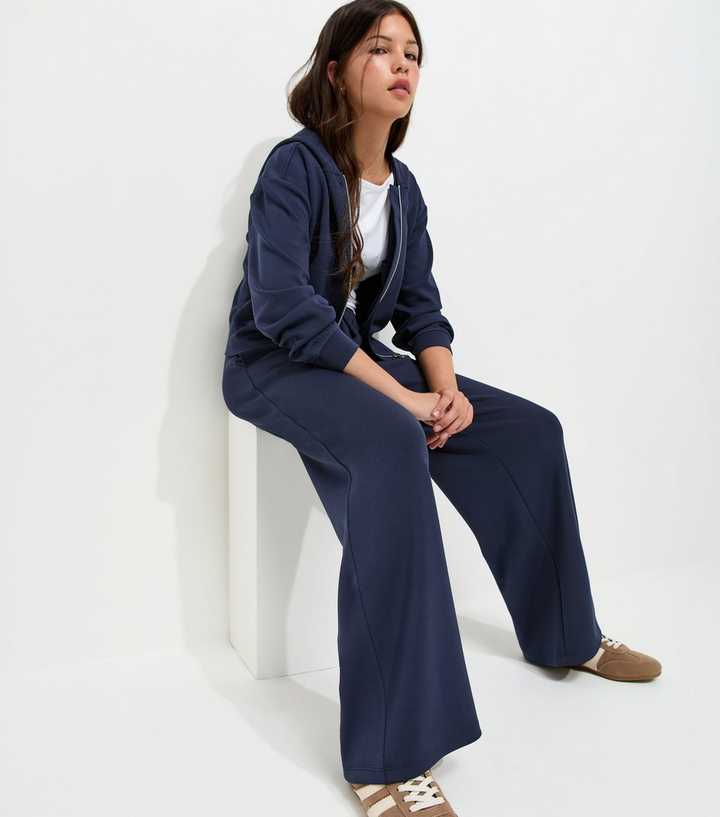 Girls Navy Soft Touch Wide Leg Joggers