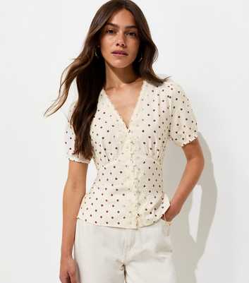Petite Brown Spot Print Lace Trim Tea Blouse