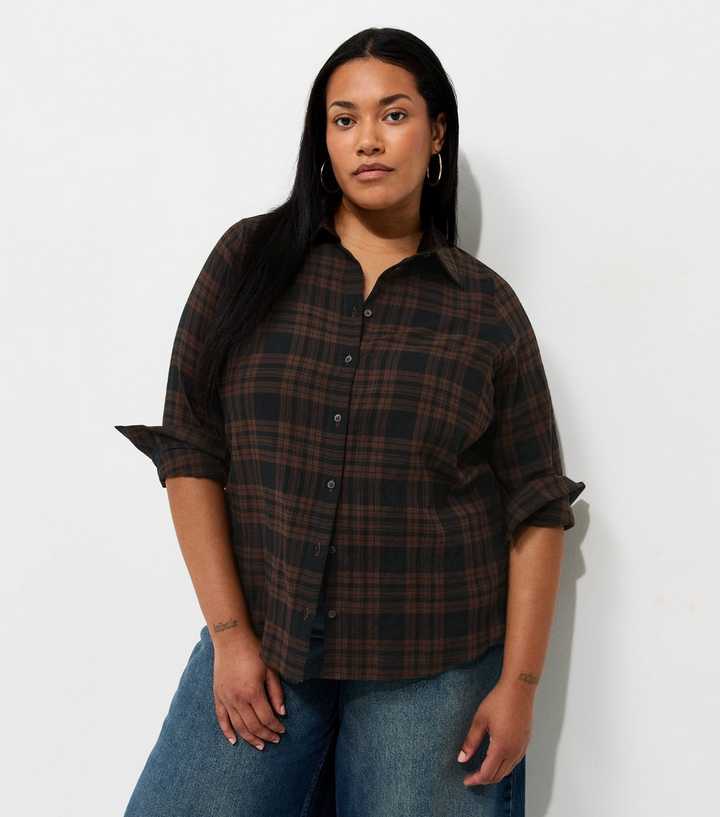 Curves Brown Cotton Rich Check Long Sleeve Shirt