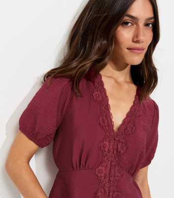 Petite Dark Burgundy Lace Trim Faux Button Tea Blouse