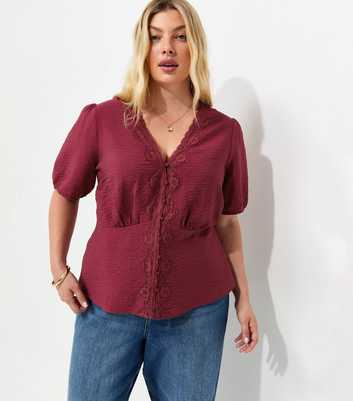 Curves Dark Burgundy Crinkle Texture Lace Trim Button Tea Blouse