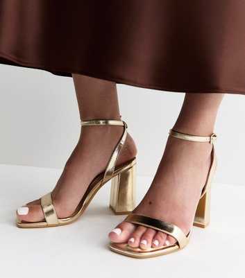 Gold Faux Leather High Block Heel Sandals