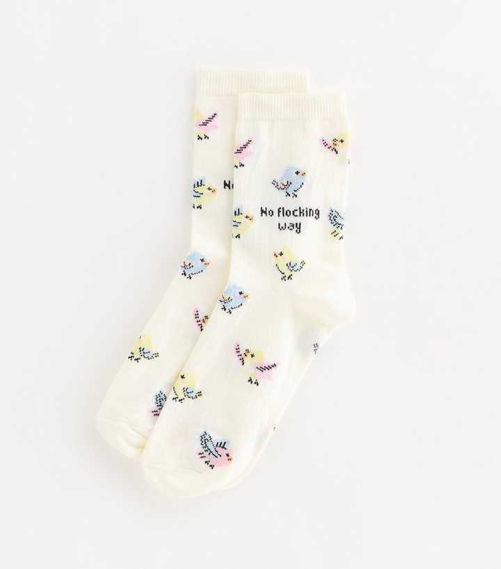 Cream Cotton Rich No Flocking Way Bird Pattern Socks