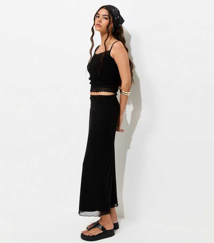 Black Lace Waistband Mesh Midi Skirt