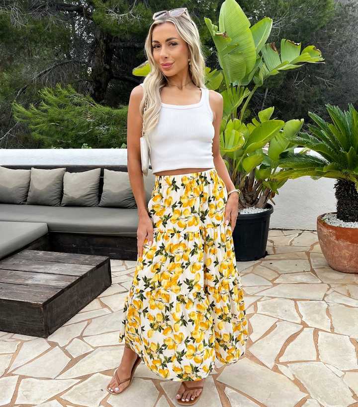 AX Paris Cream Lemon Print Tiered Midi Skirt