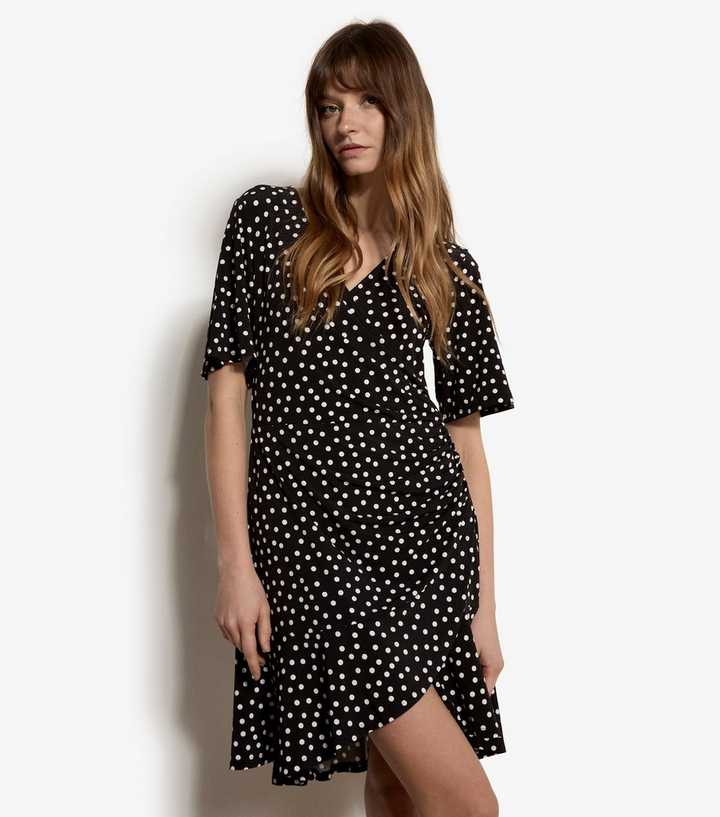 Apricot Black Dot Print Side Ruched Mini Dress