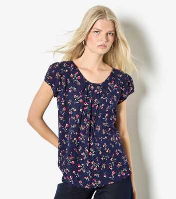 Apricot Blue Ditsy Floral Print Top