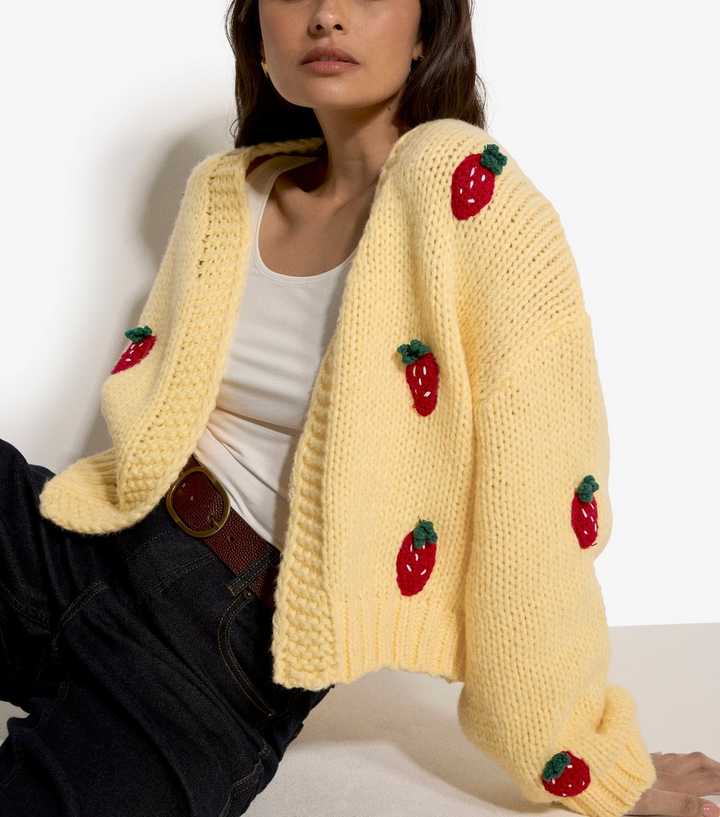 Apricot Yellow Strawberry Motif Knitted Cardigan
