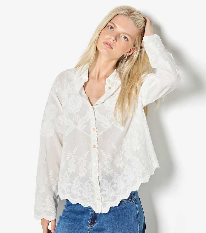 Apricot White Cotton Floral Embroidered Shirt
