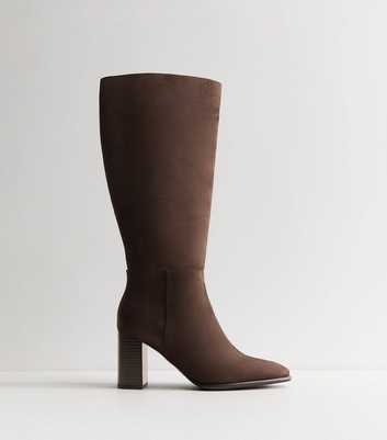 Brown Faux Suede Stacked Heel Knee High Boots