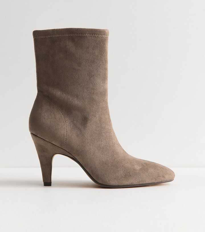 Light Brown Faux Suede Almond Toe Sock Ankle Boots