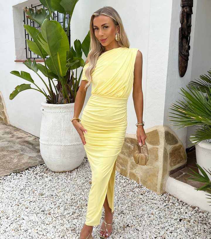AX Paris Light Yellow Off Shoulder Draped Midi Dress