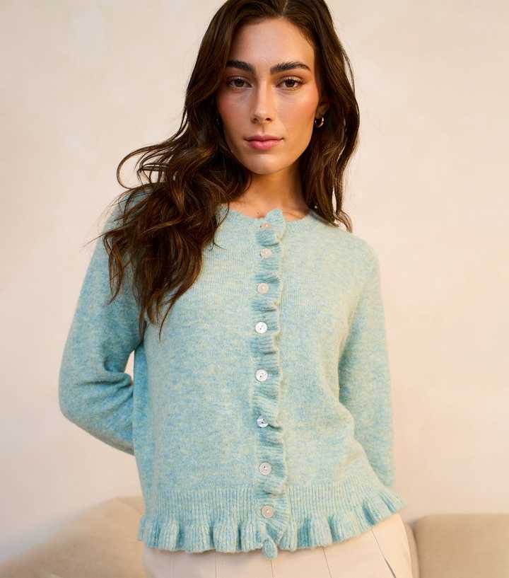 Gini London Light Green Ruffle Trim Cardigan