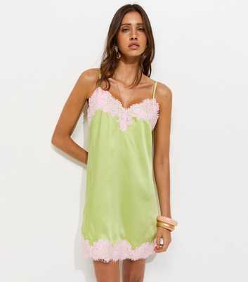 Green Satin Lace Trim Lace Mini Dress