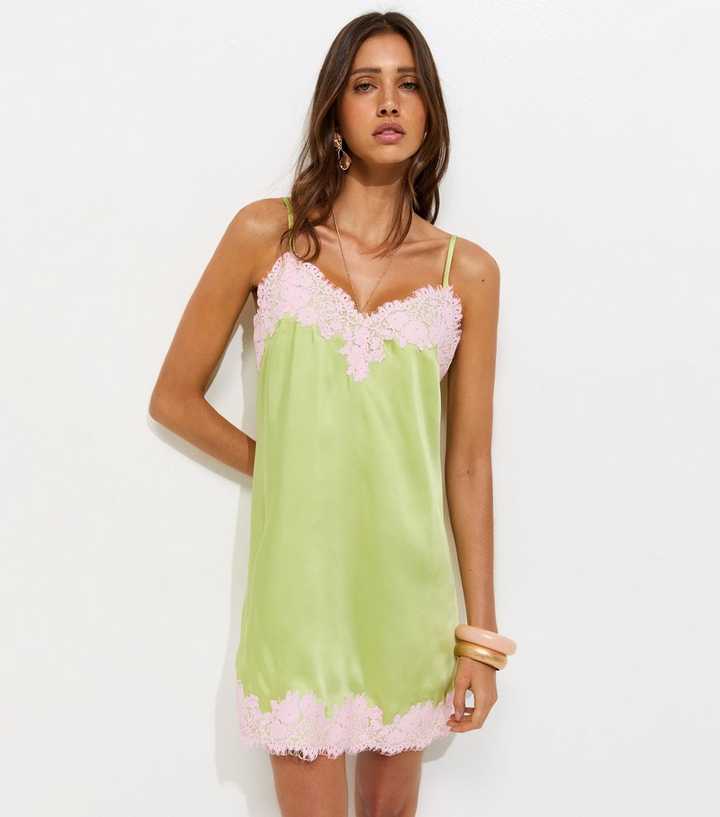 Green Satin Lace Trim Lace Mini Dress