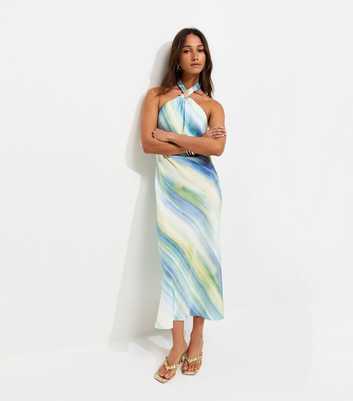 Blue Diagonal Blurry Stripe Halterneck Midi Dress