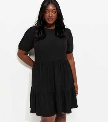 Curves Black Crinkle Texture Tiered Smock Mini Dress