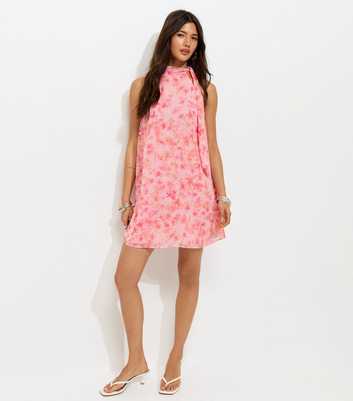 Pink Halter Neck Floral Chiffon Tie Mini Dress