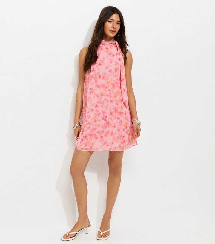 Pink Halter Neck Floral Chiffon Tie Mini Dress