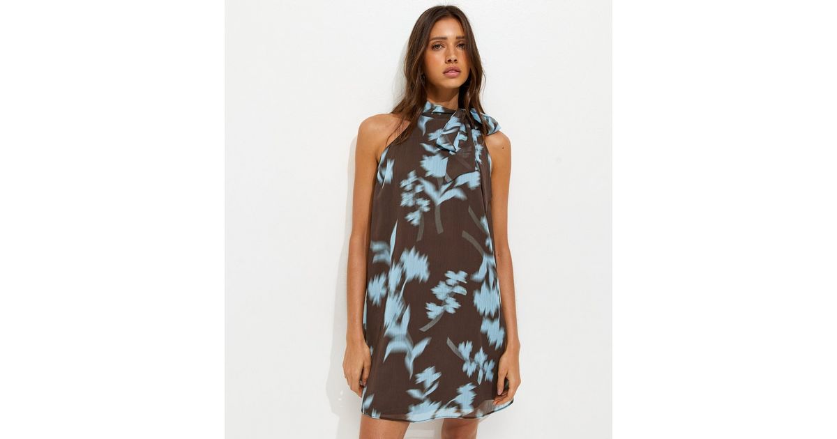 Brown Chiffon Floral Halter Neck Mini Dress