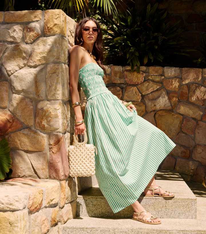 Green Striped Shirred Bandeau Dress | New Look