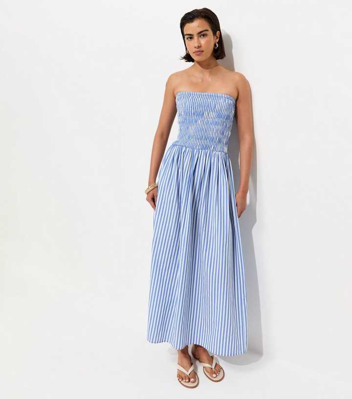 Blue Striped Shirred Bandeau Dress