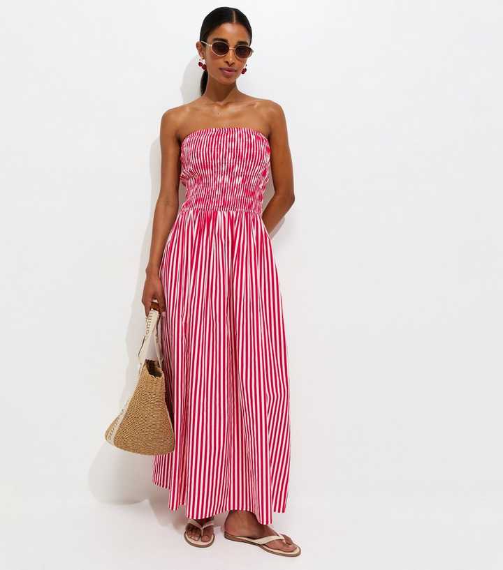 Red Striped Shirred Bandeau Maxi Dress