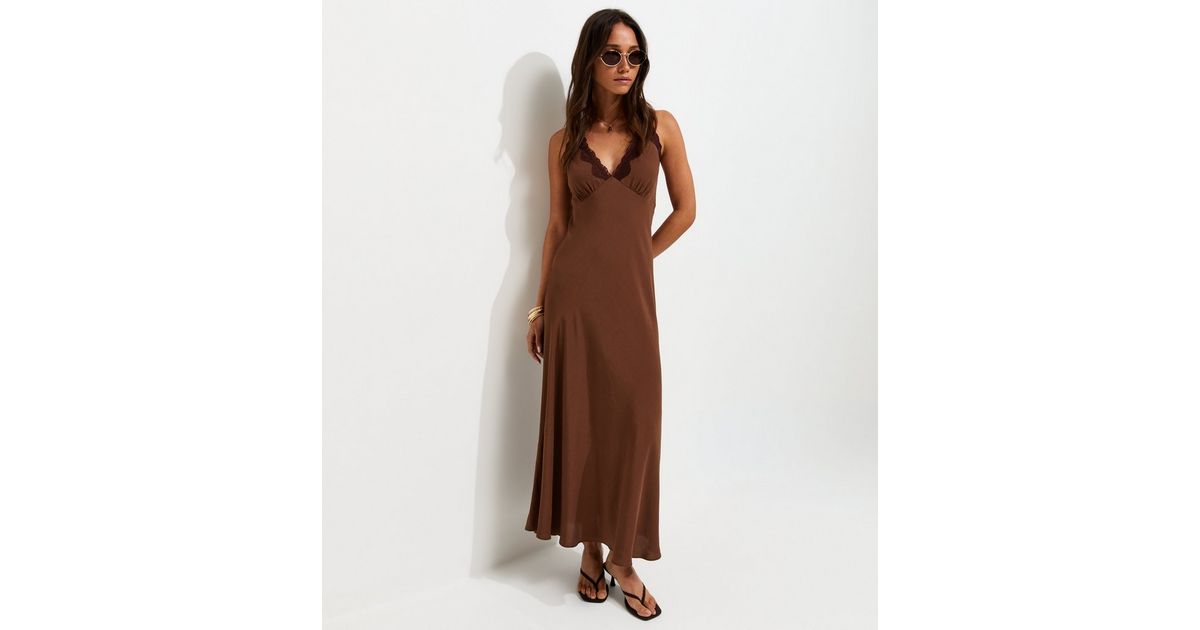 Dark Brown Lace Trim Halterneck Midi Dress
