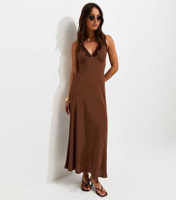 Dark Brown Lace Trim Halterneck Midi Dress