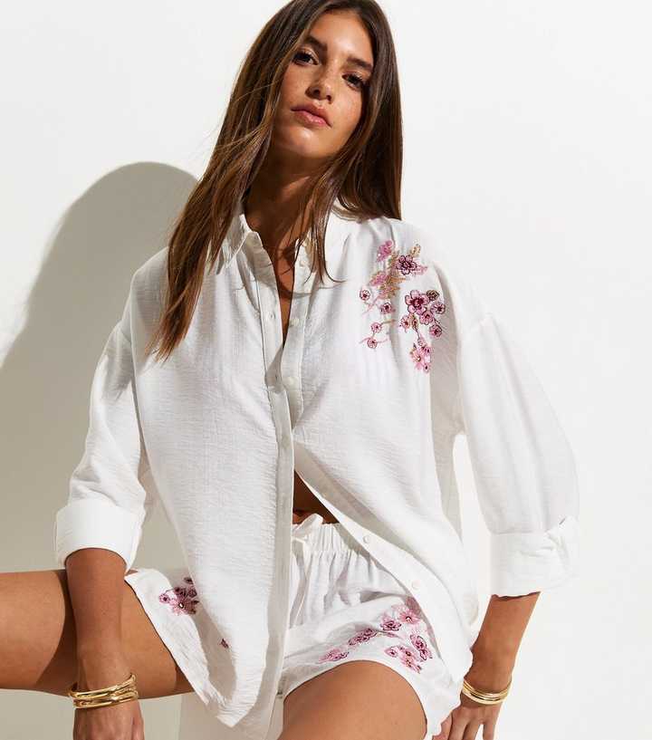 Premium White Crinkle Texture Floral Embroidered Beach Shirt