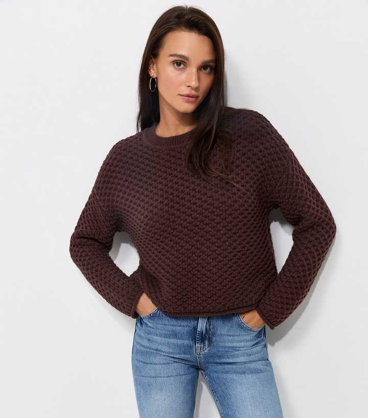 Dark Brown Chunky Knit Crew Neck Jumper
