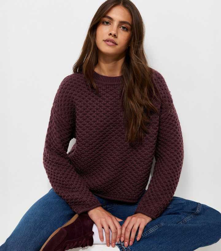 Dark Burgundy Chunky Knit Crew Neck Jumper