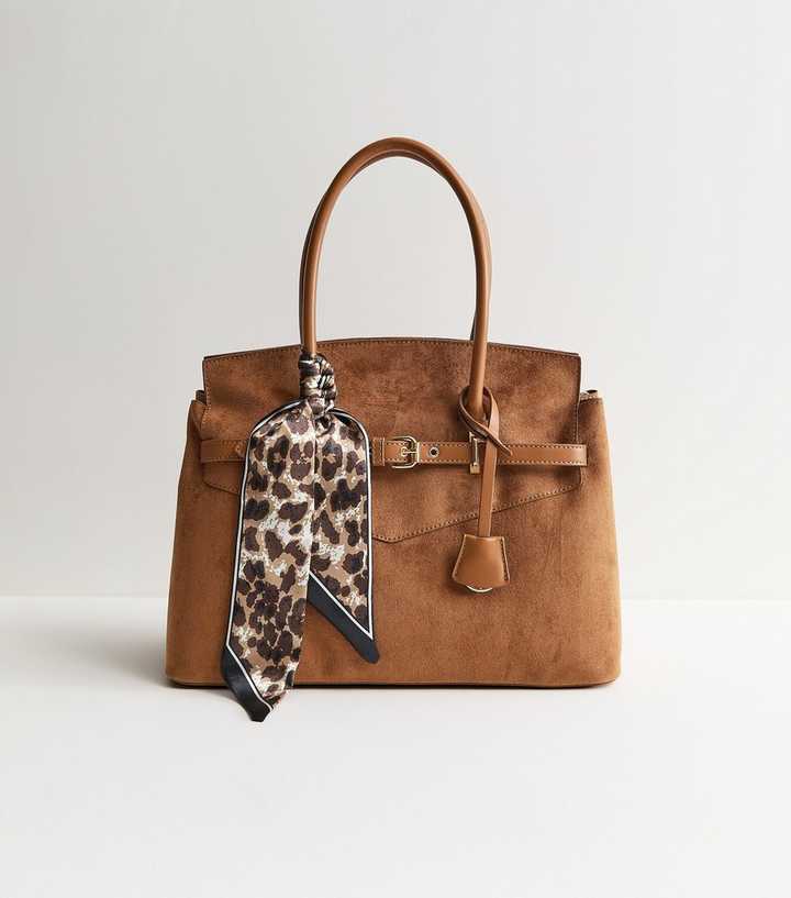 Tan Faux Suede Belted Tote Bag with Scarf