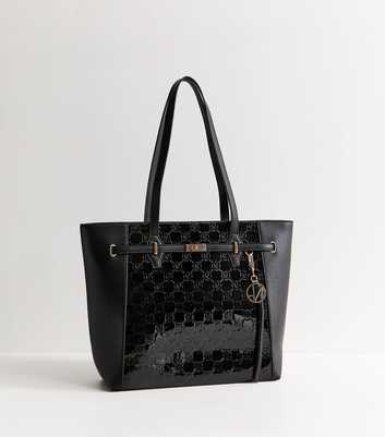 Black Patent Faux Leather Belted Monogram Tote Bag