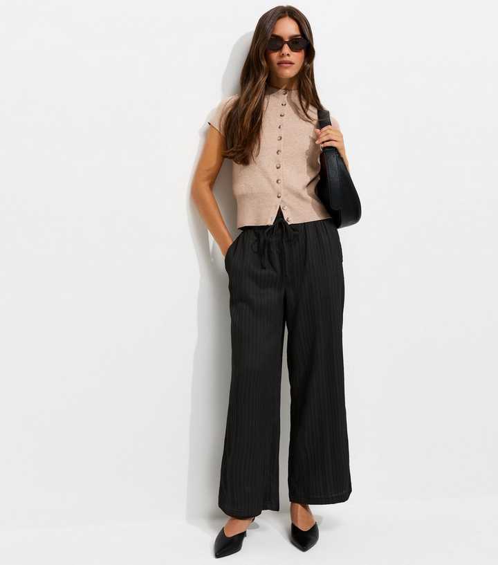 Petite Black Crinkle Jersey Wide Leg Trousers