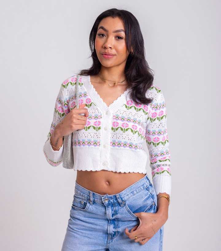 Sunshine Soul White Pointelle Flower Pattern Crop Cardigan