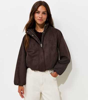 Petite Dark Brown Faux Suede Bubble Hem Jacket