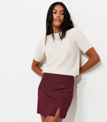 Red Pinstripe Ponte Split Mini Skirt