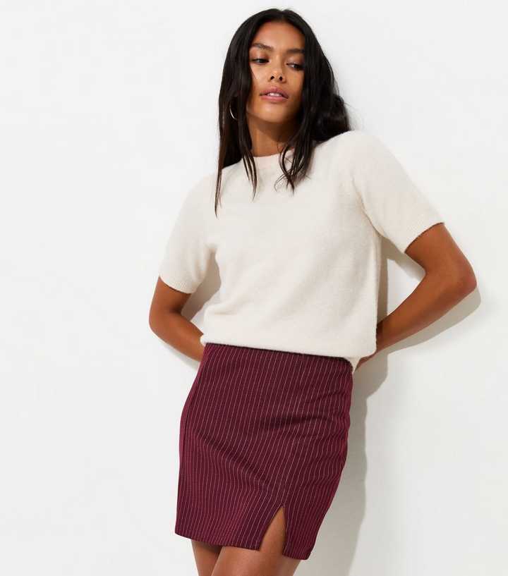 Red Pinstripe Ponte Split Mini Skirt