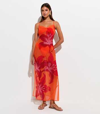 Orange Semi-Sheer Hibiscus Print Maxi Beach Dress
