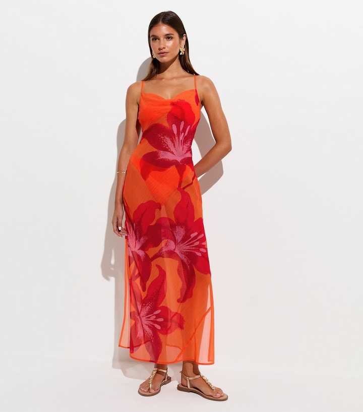 Orange Semi-Sheer Hibiscus Print Maxi Beach Dress