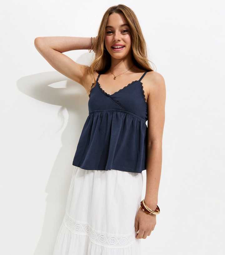 Girls Navy Cotton Rich Lace Trim Triangle Cami Top