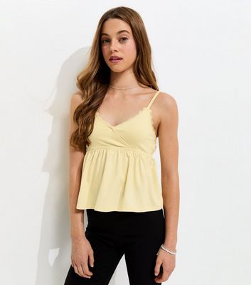 Girls Light Yellow Cotton Rich Lace Trim Triangle Cami Top