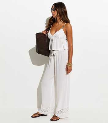 White Crinkle Texture Crochet Insert Beach Trousers