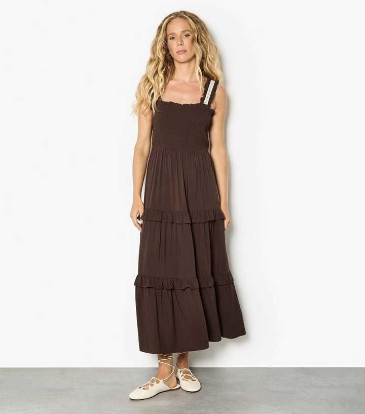 Apricot Dark Brown Crochet Midi Dress | New Look