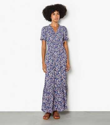 Apricot Blue Smock V Neck Floral Maxi Dress