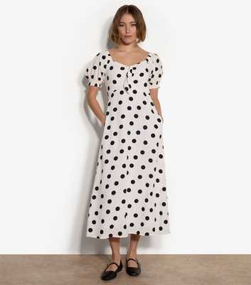 Apricot White Polka Dot Bow Detail Midi Dress