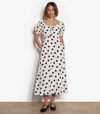 Apricot White Polka Dot Bow Detail Midi Dress | New Look